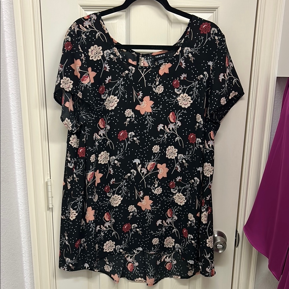 Torrid Black Floral Blouse with Pink Accents